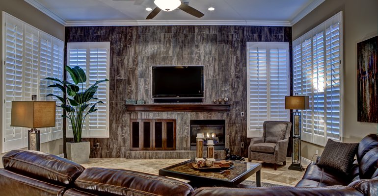 Bluff City living room with shutters