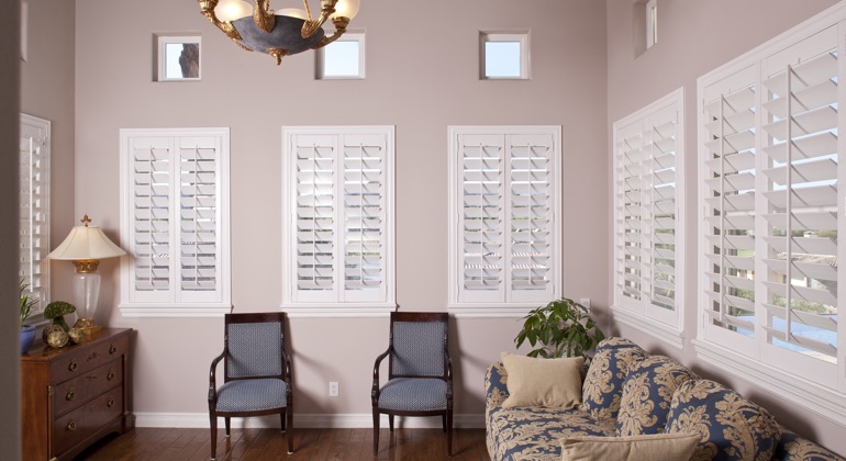 Modern lounge with plantation shutters