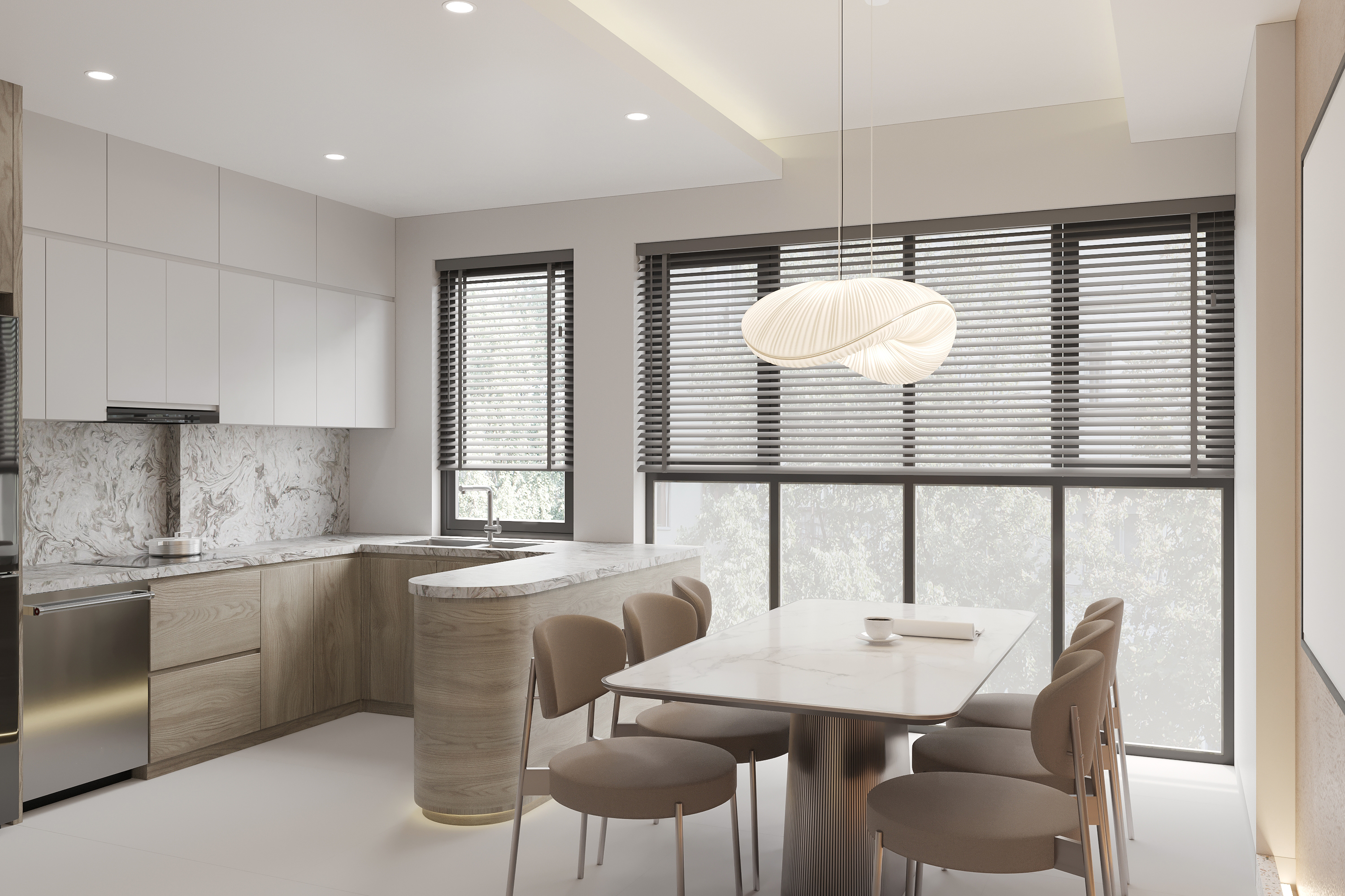 Contemporary kitchen and dining space featuring elegant polywood shutters on large windows