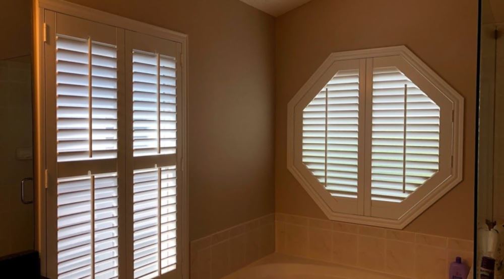 Octagon window treatments Octagon window in a Bluff City bathroom