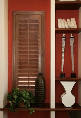 You can even coordinate your wood shutters with shelving. Bluff City wood shutter shelving
